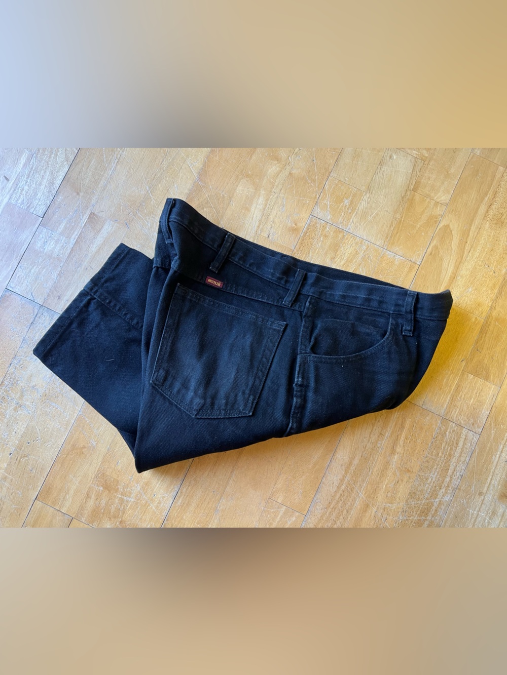 Rustler Black Denim Jeans with Maroon Tab 38x 34, 100 percent cotton Vintage